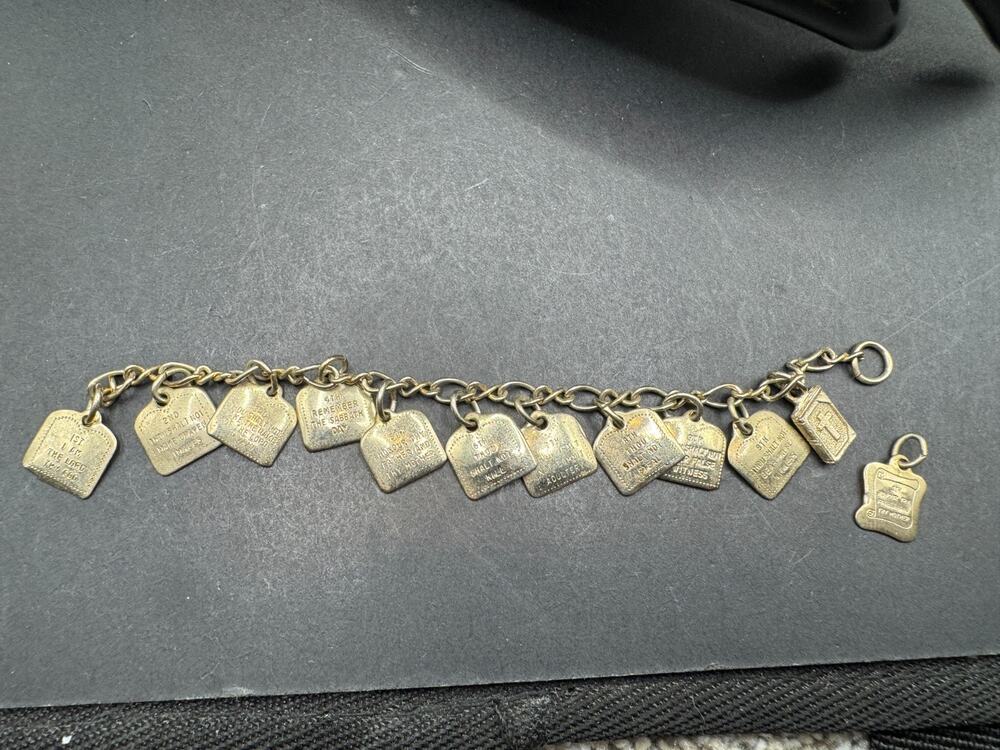 Vintage 10 Commandments Religious Bracelet Gold Tone Dangling Charms